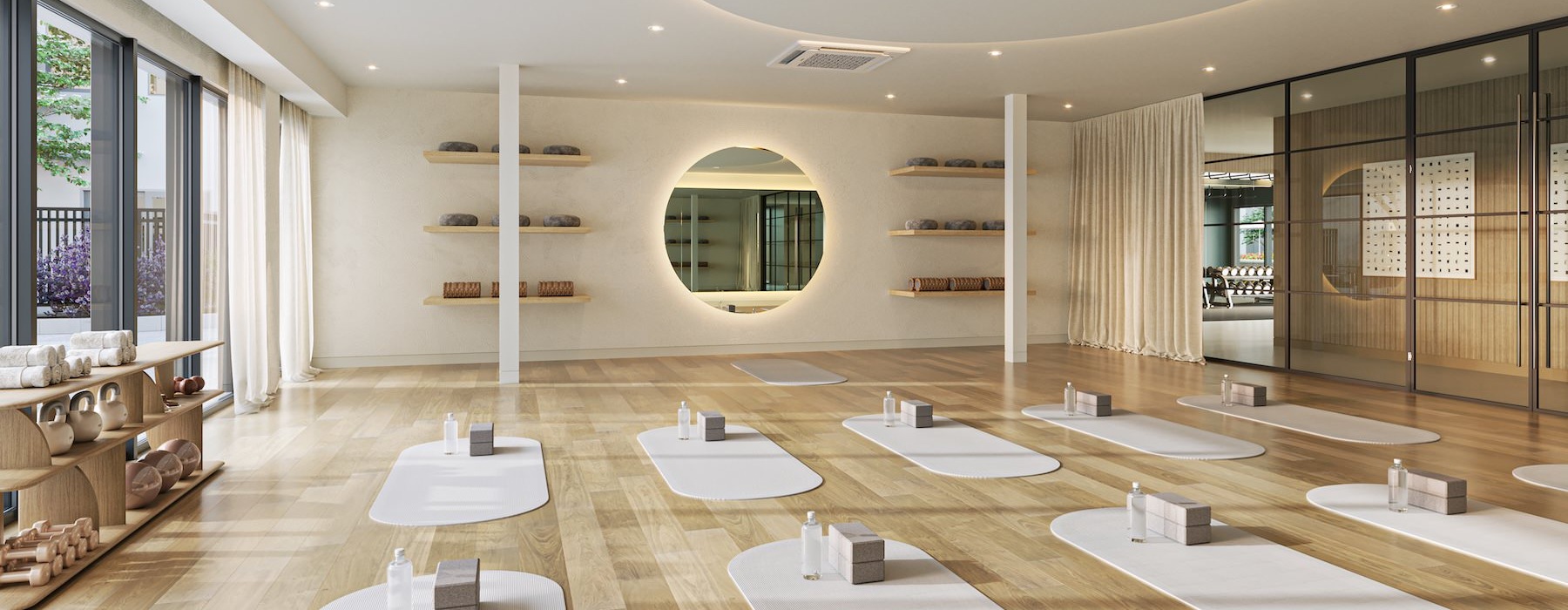 a workout room with mats