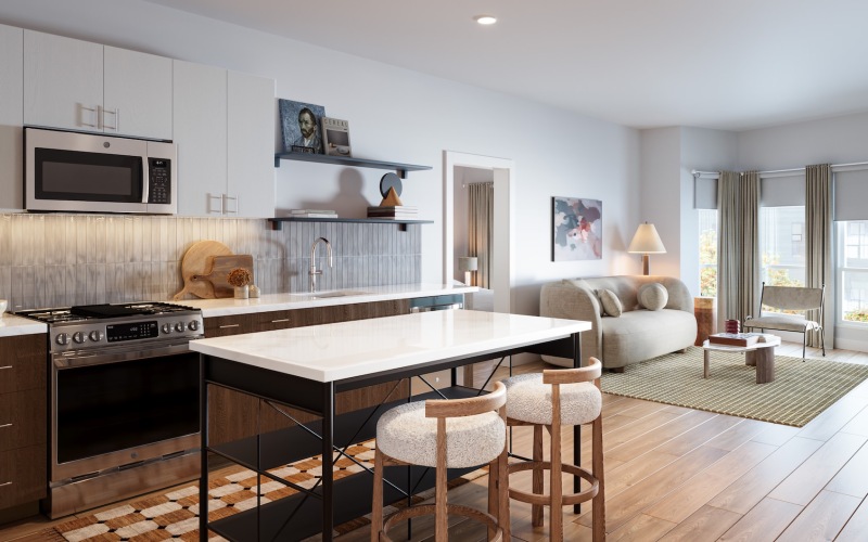 a living room with a large rug and a couch
